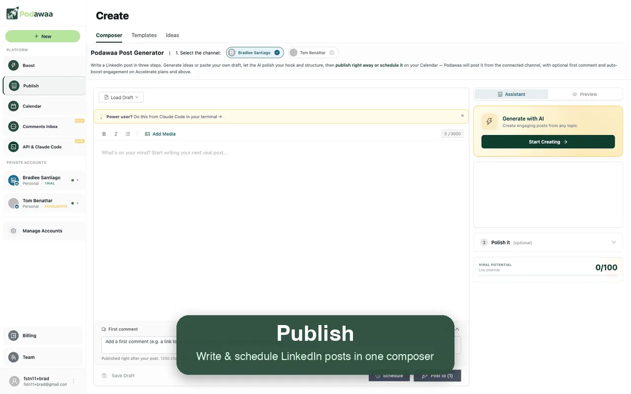 Podawaa interface walkthrough: boosting a post, targeting, calendar and comment inbox.