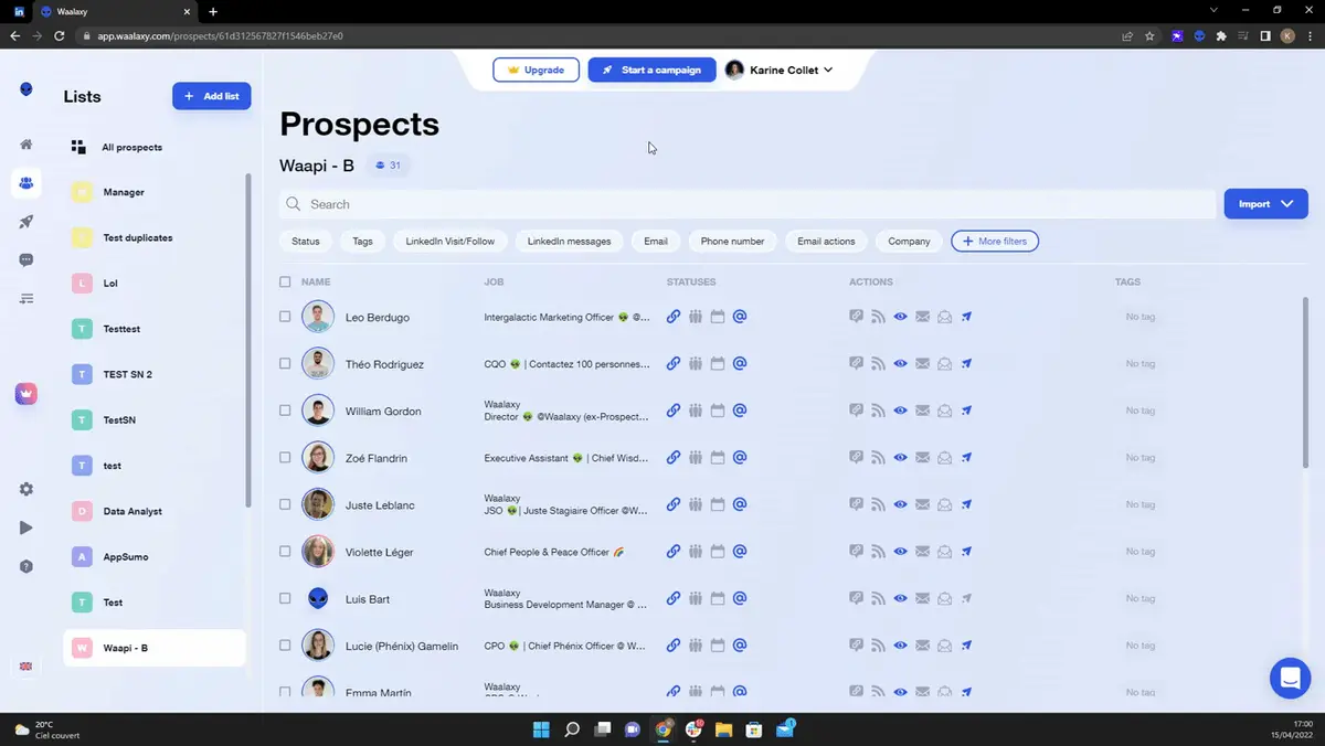 Interface de prospection Waalaxy liste prospects