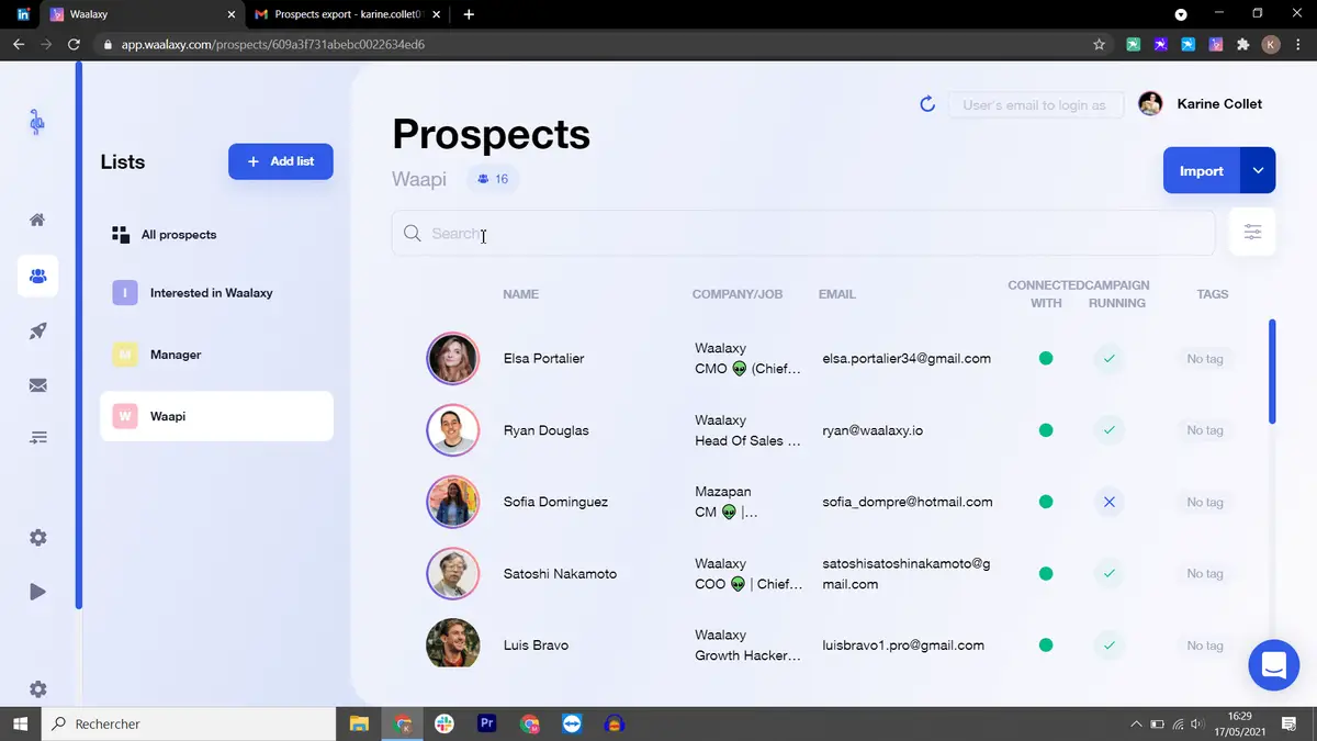Interface gestion prospects Waalaxy