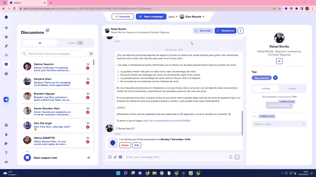 Interface Waalaxy conversation prospect LinkedIn