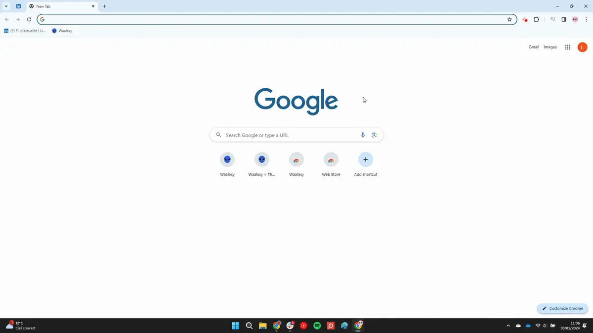 Google homepage with Waalaxy shortcuts