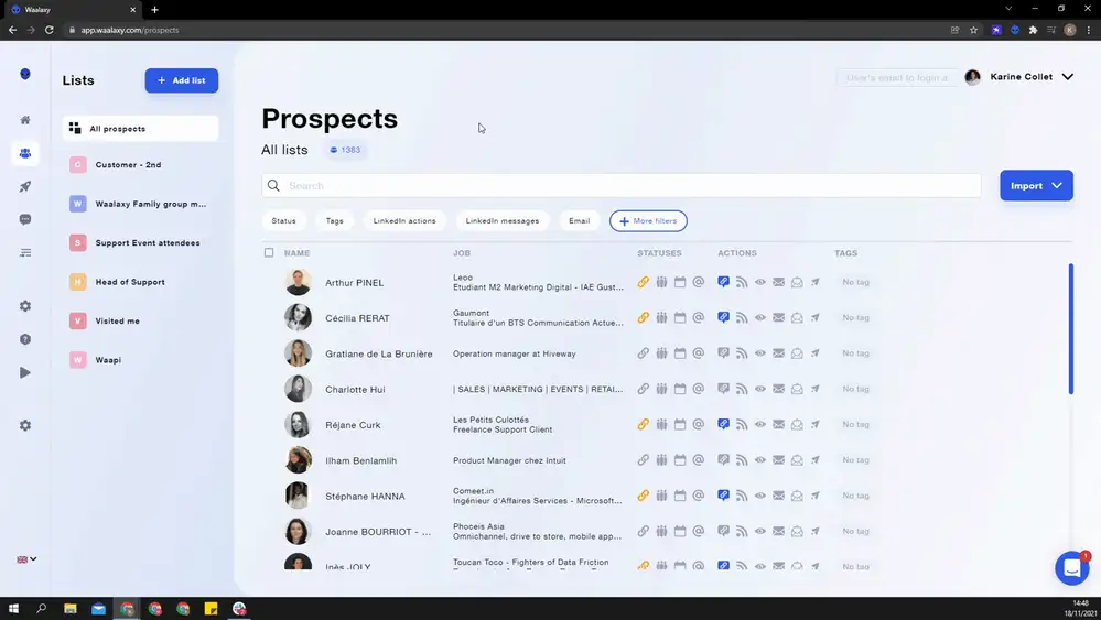 Interface prospection prospects Waalaxy
