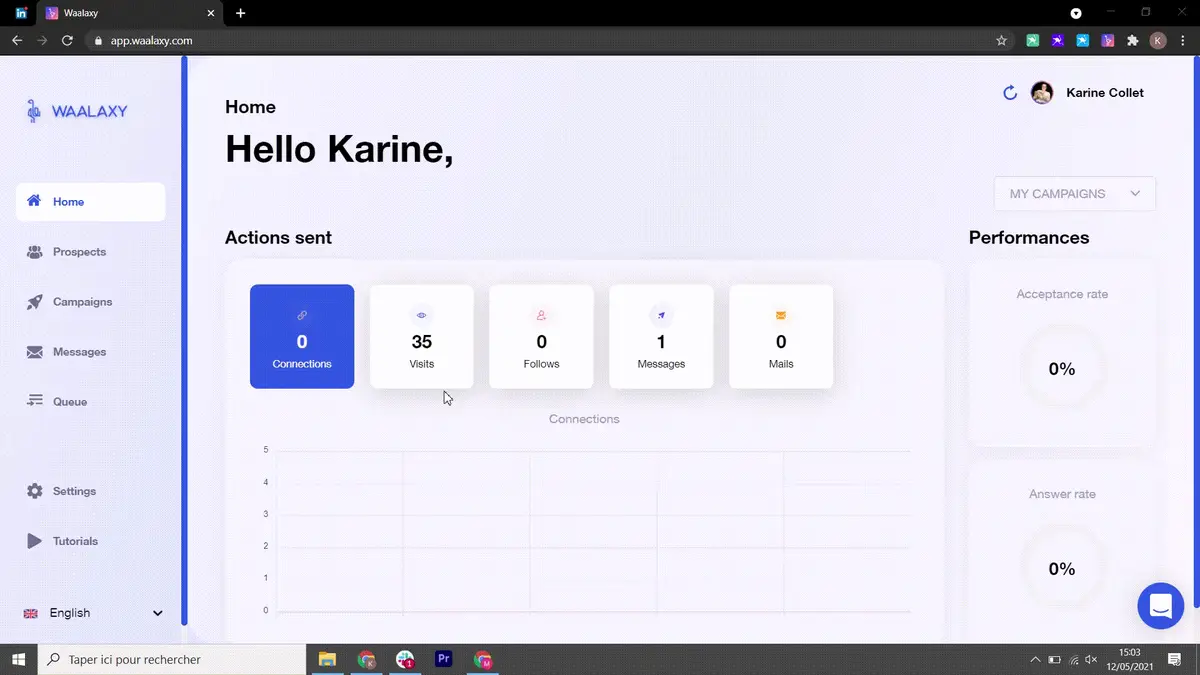 Tableau de bord Waalaxy prospection LinkedIn