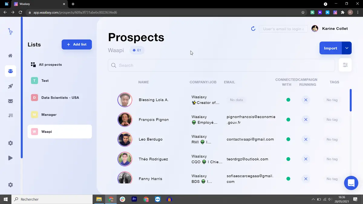 Interface prospection Waalaxy listes contacts